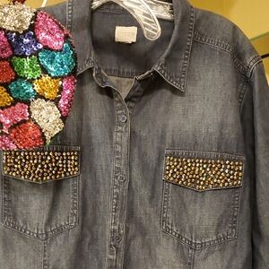 Chico's Dark Blue Denim Shirt Xlrg With Eye Catching Wristlet